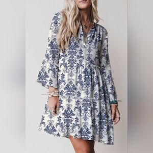 Boho Tiered Mini Dress | Printed Long Sleeve Viscose Ruffle Flirty Frill Dress